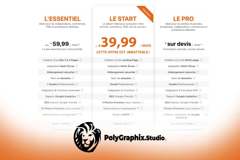 Offres de création de site web PolyGraphix Studio - forfaits L'Essentiel, Le Start et Le Pro